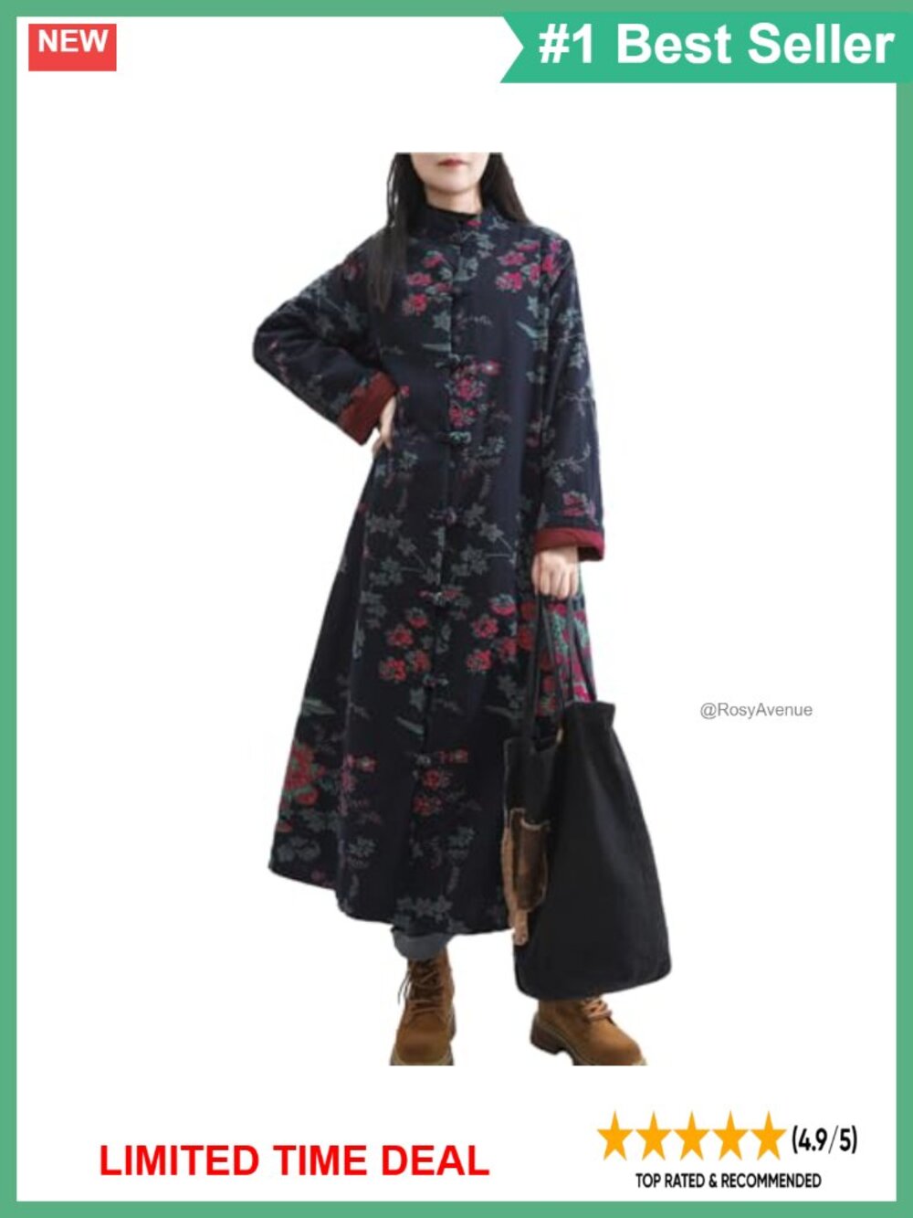 LZJN Women's Floral Trench Coat Cotton Linen Boho Long Jacket